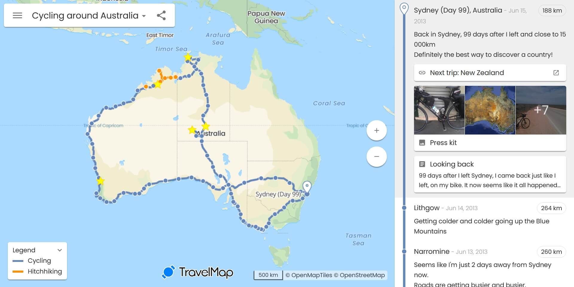 Screenshot of the TravelMap interface with its interactive map and timeline