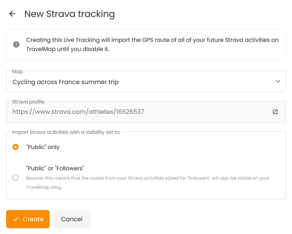 Enable the TravelMap Live Tracking to automatically import Strava activities