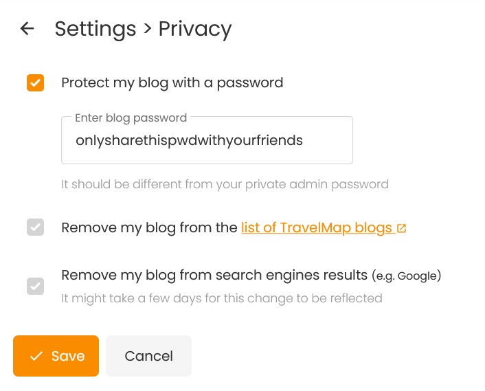 Screenshot of the privacy settings offered to each user