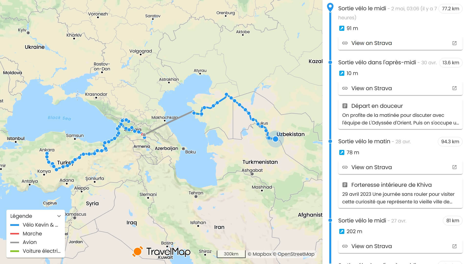 Screenshot of a TravelMap synchronized with Strava
