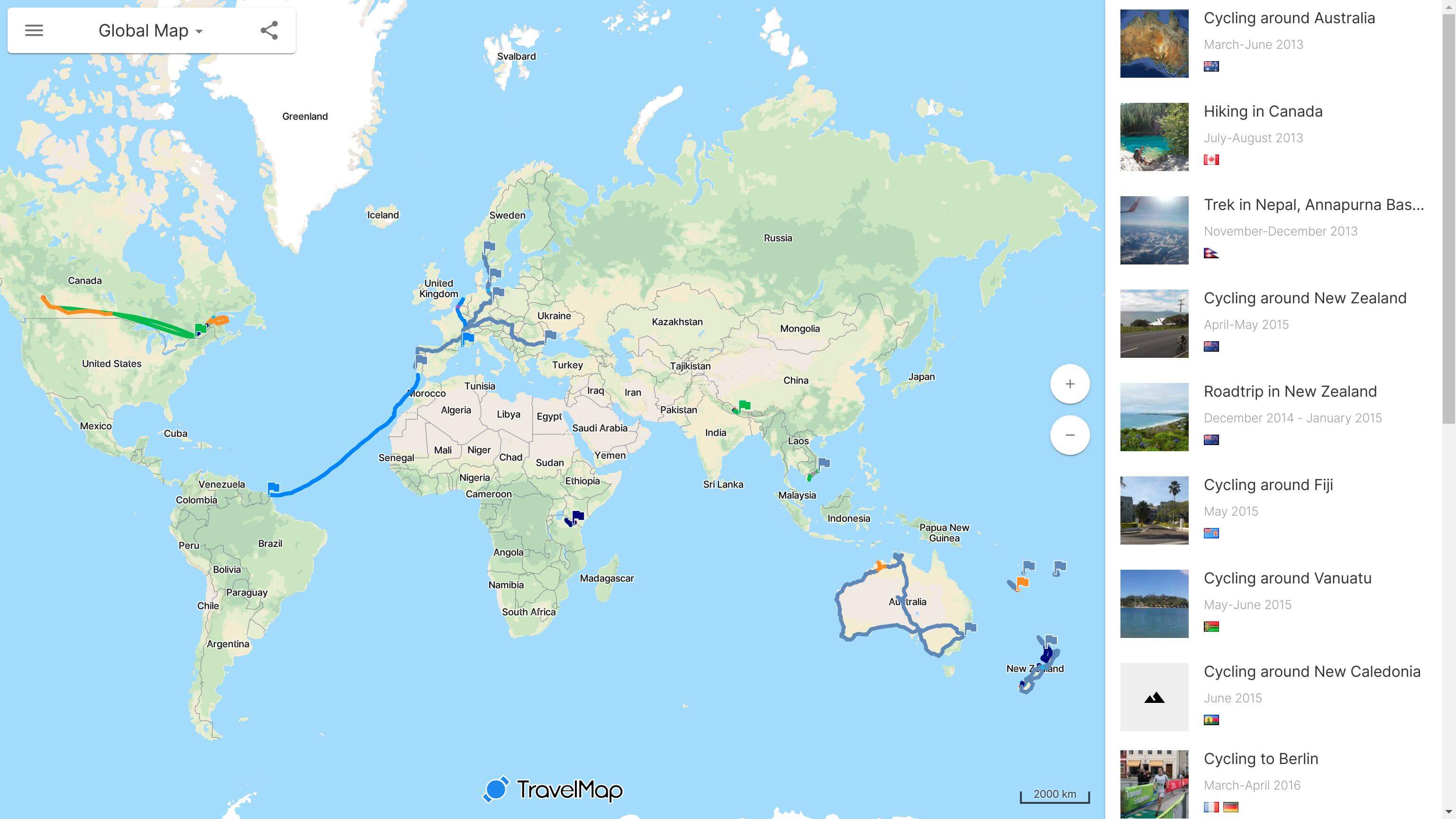 Global interactive travel map with all your itineraries
