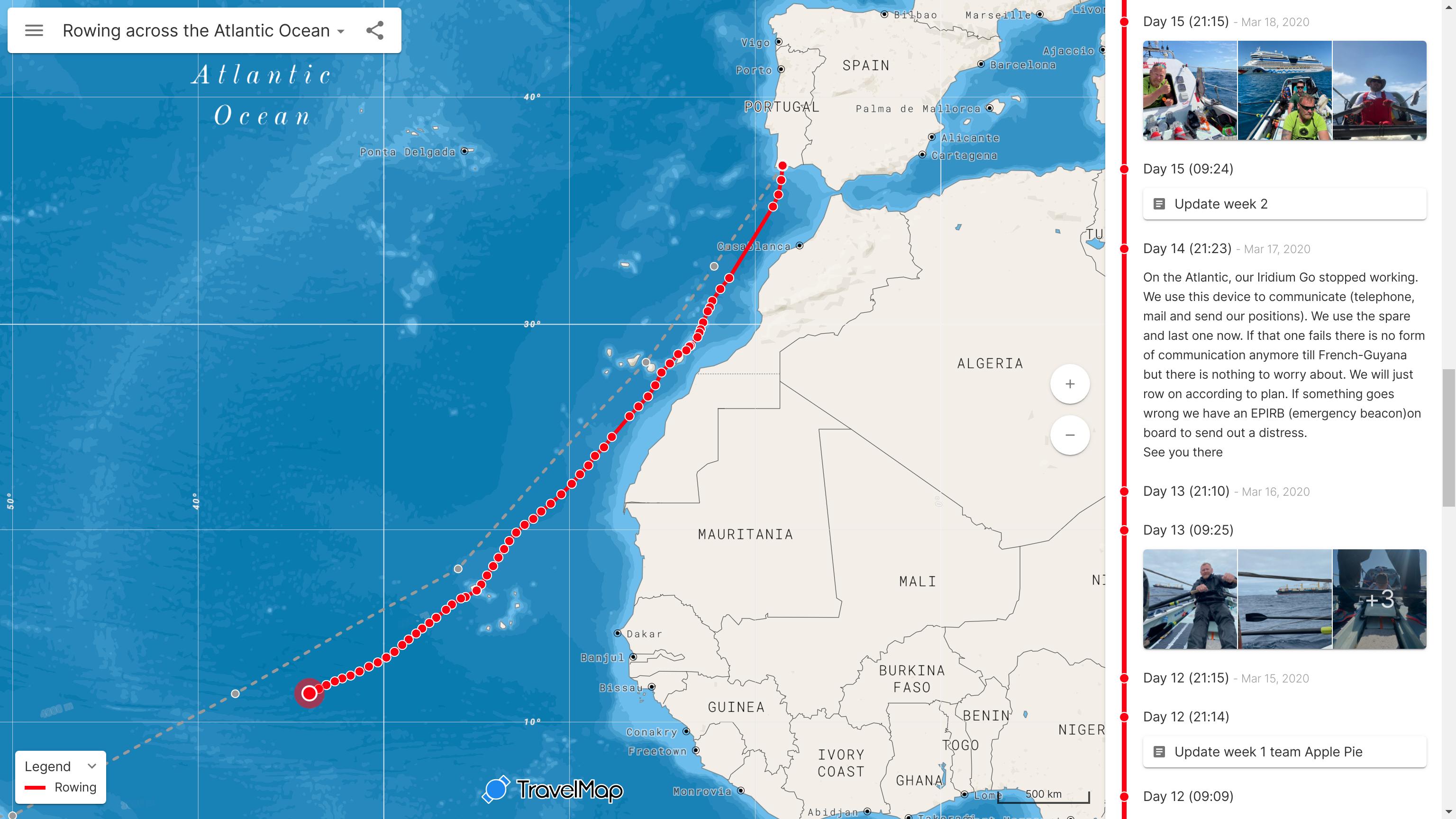 Rowing across the Atlantic Ocean map