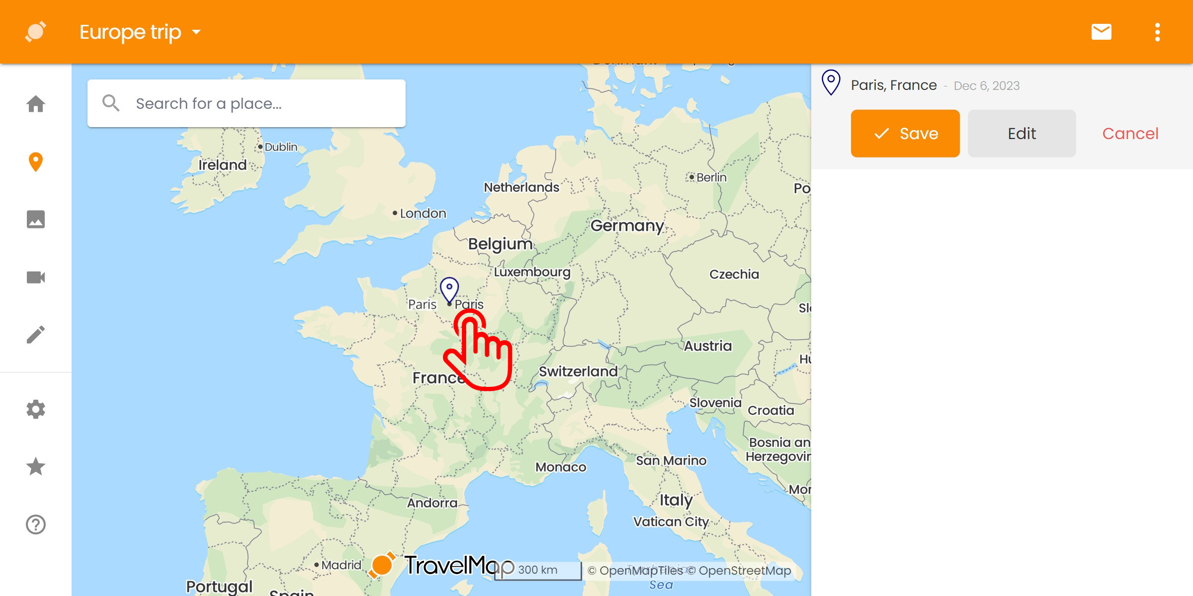 TravelMap admin map click on a place name
