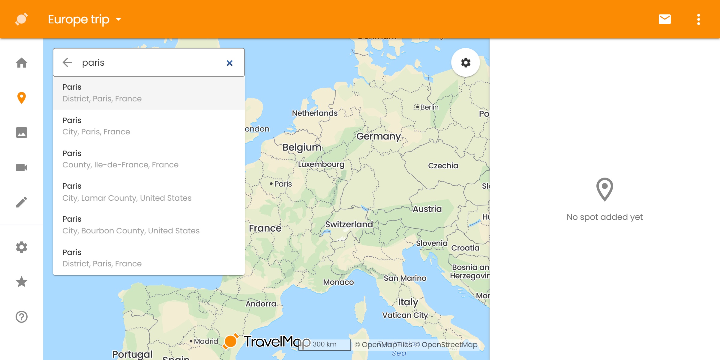 TravelMap admin map search box listing results in Paris