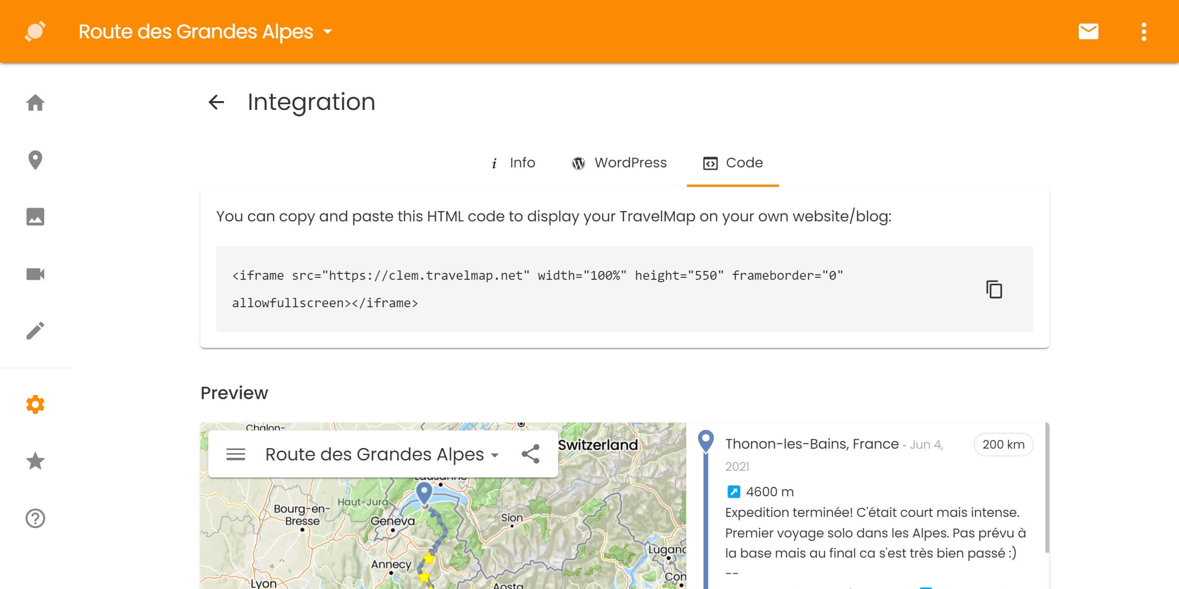 Integration page of the TravelMap administration
