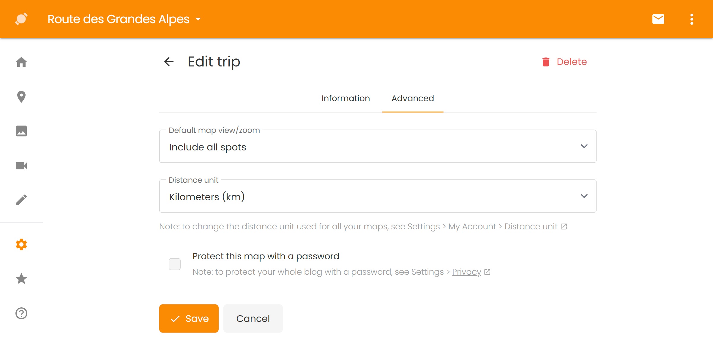 Interface pour éditer un voyage sur TravelMap