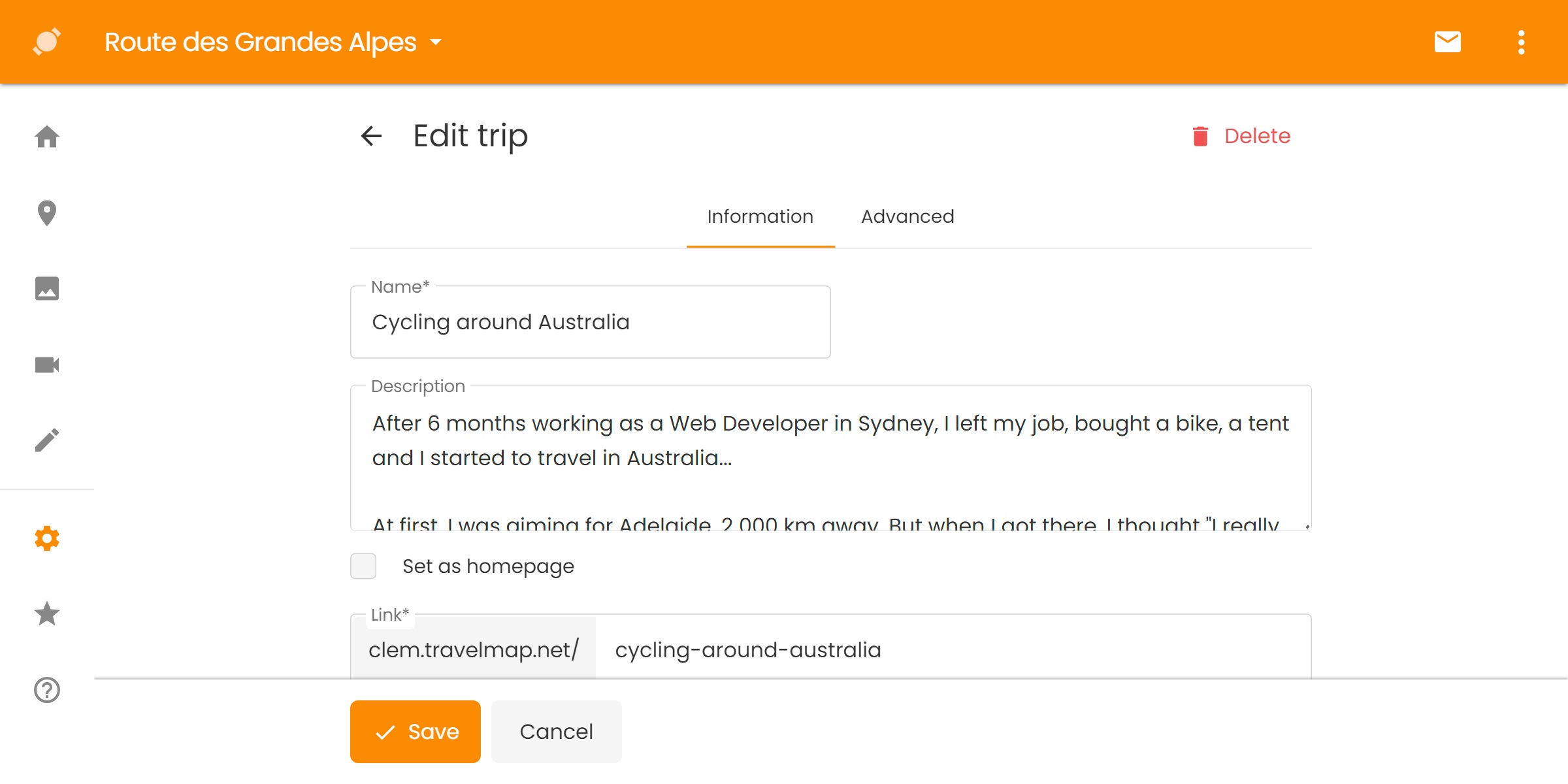 Interface pour éditer un voyage sur TravelMap