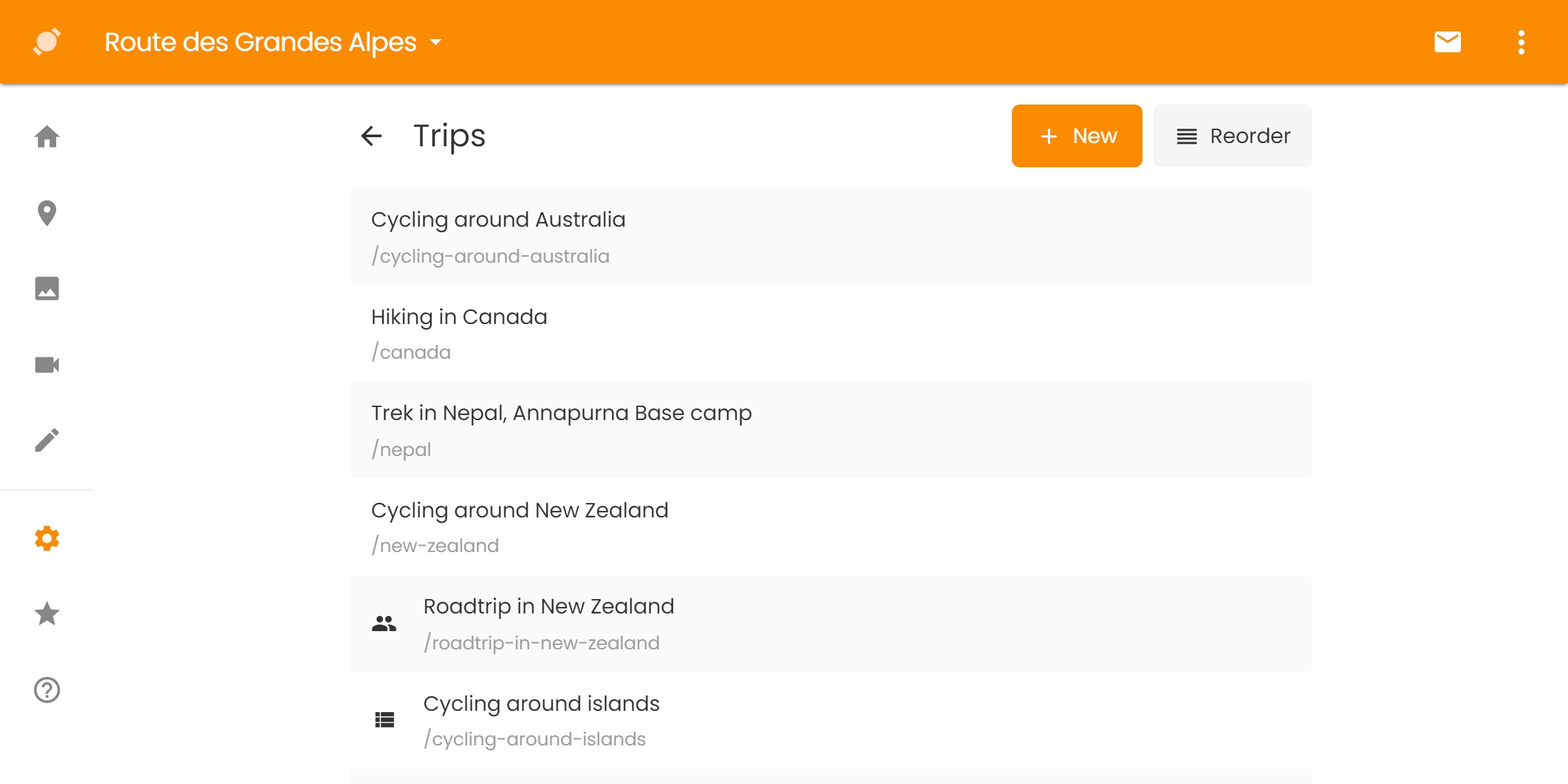 Interface pour gérer vos voyages sur TravelMap