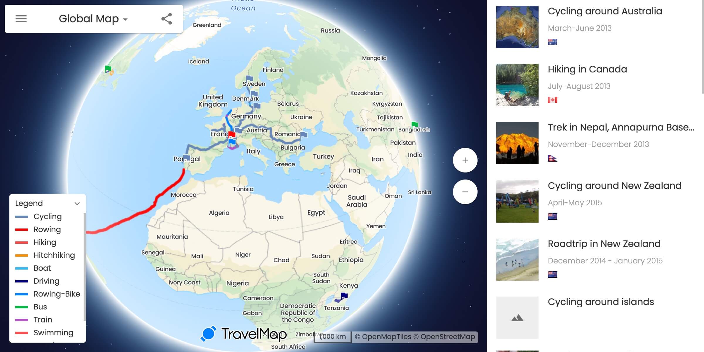 Example of my Global Map to view all my itineraries on the same map