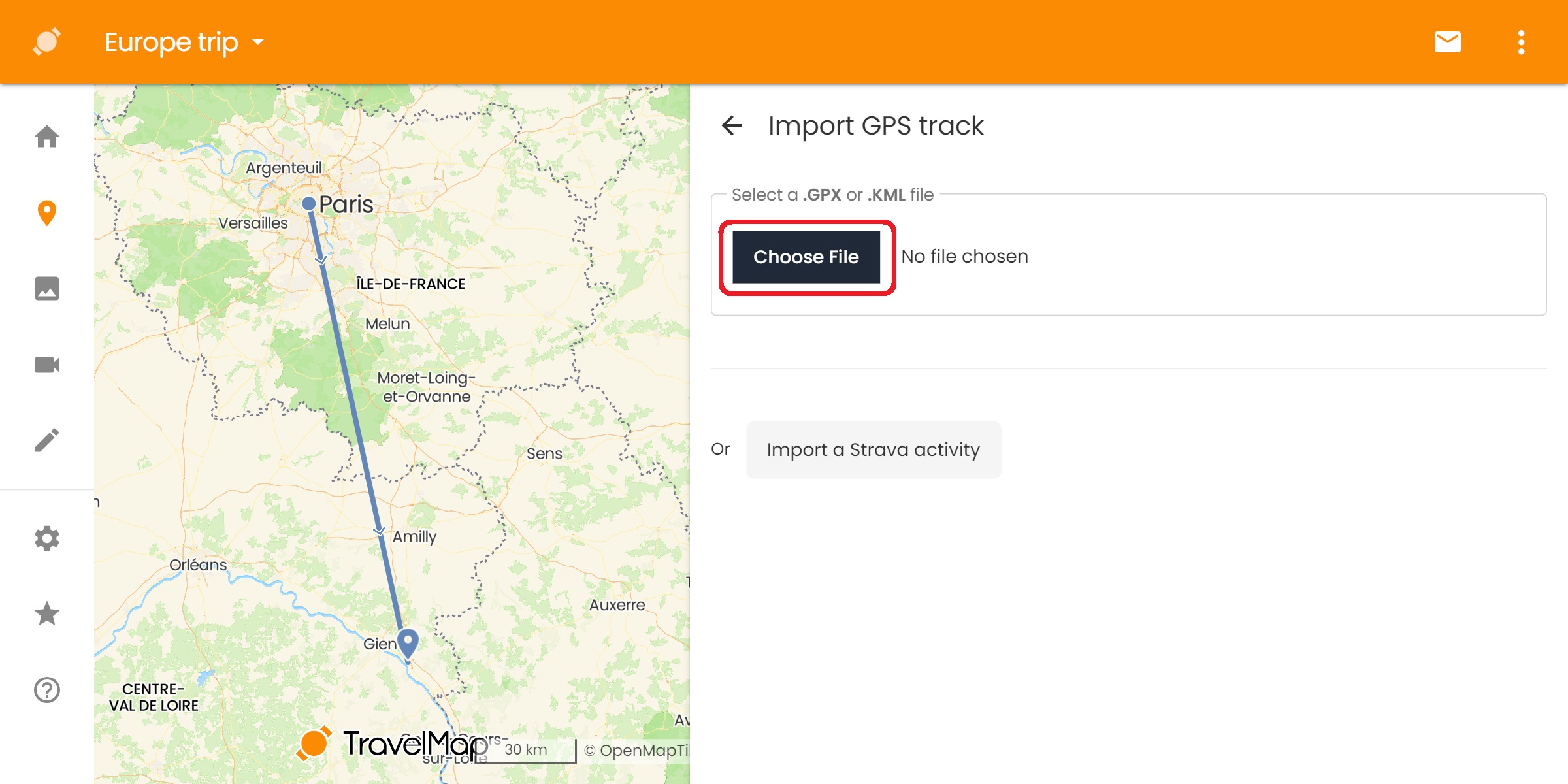 Choisir le fichier GPS à importer