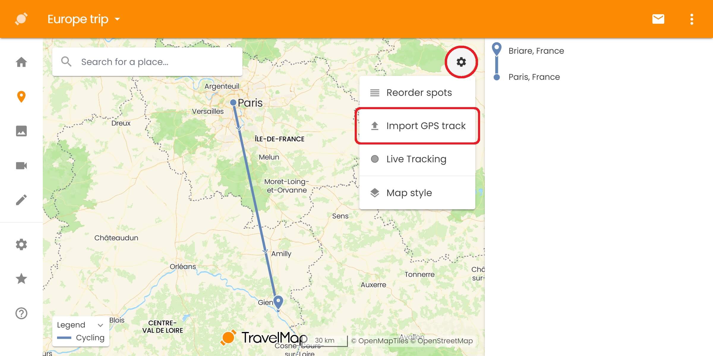 Import GPS track button