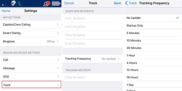 Iridium GO app tracking settings