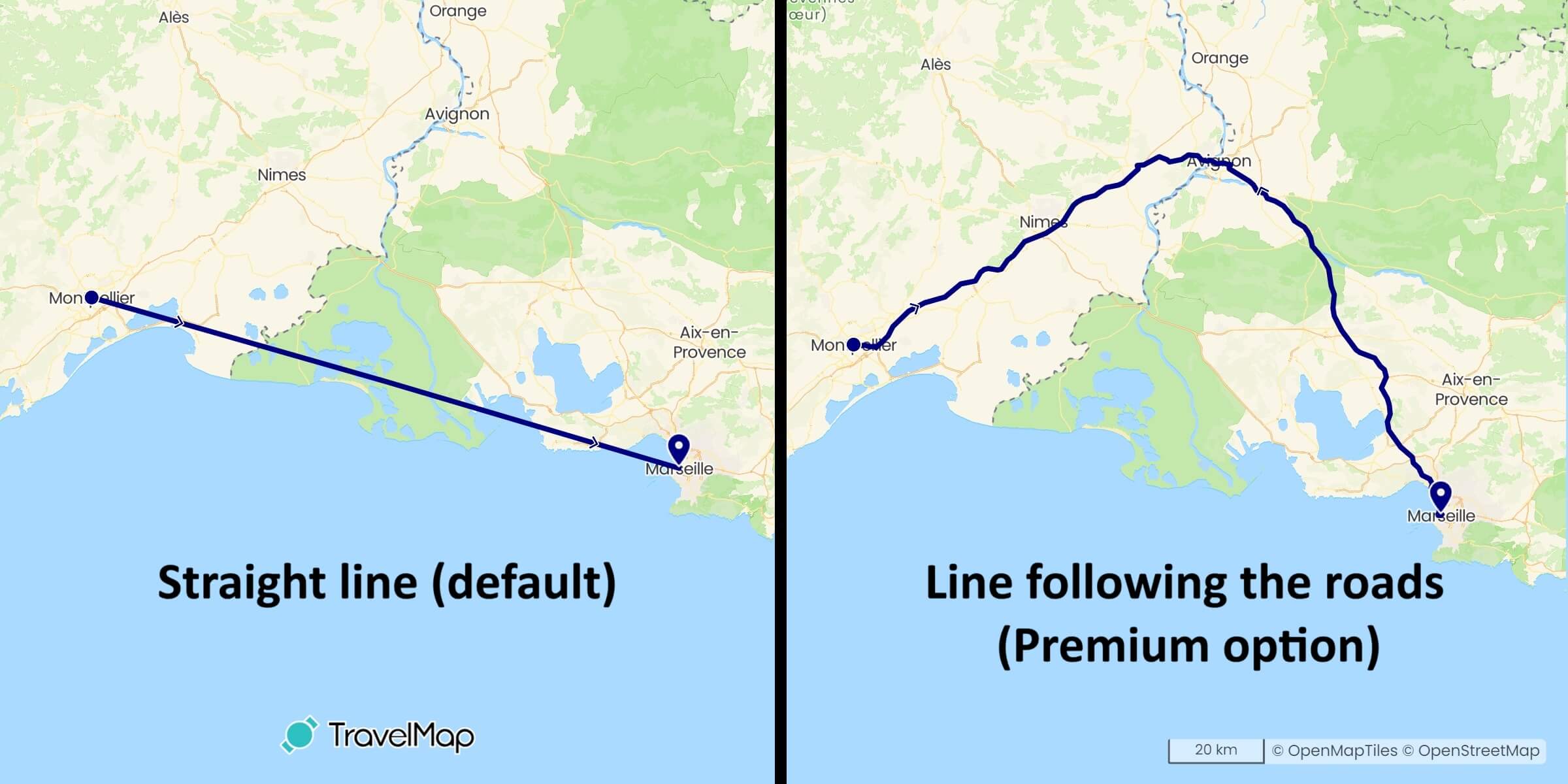 Différence entre les lignes droites et les lignes qui suivent les routes sur TravelMap